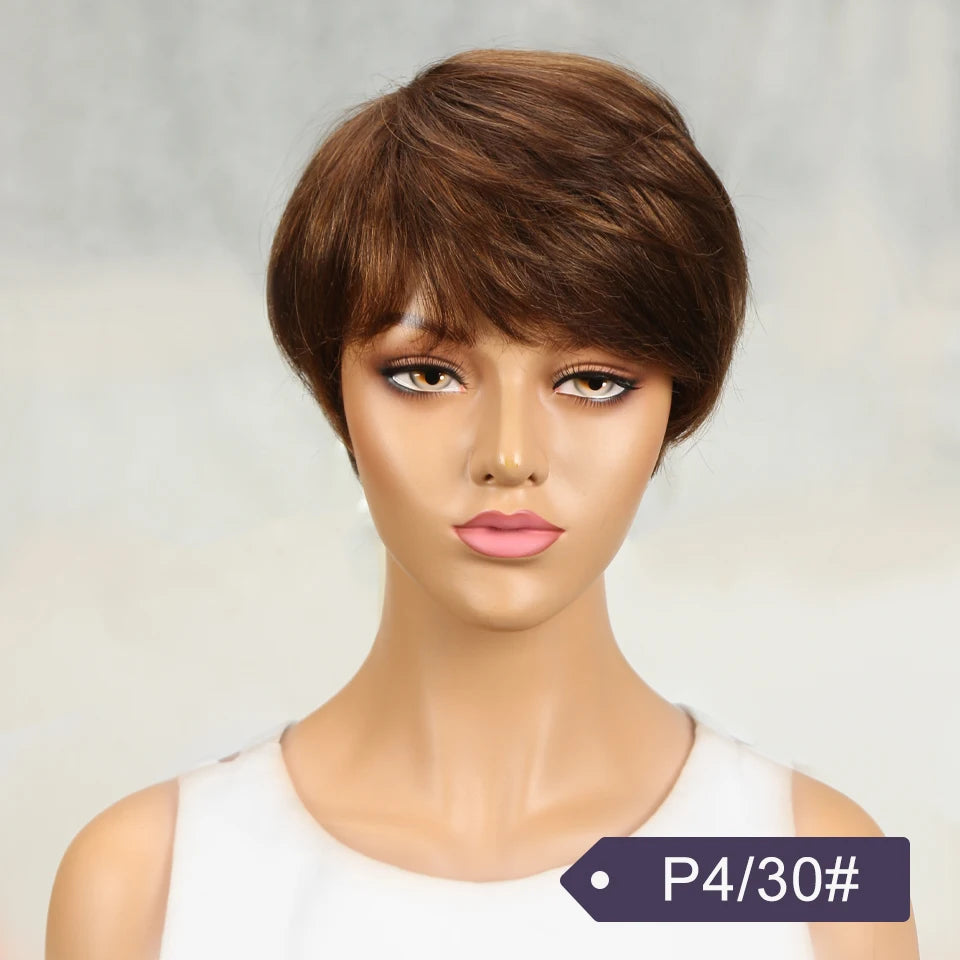 Perruque femme cheveux humains –, courte, raide, frange, Remy, style élégant