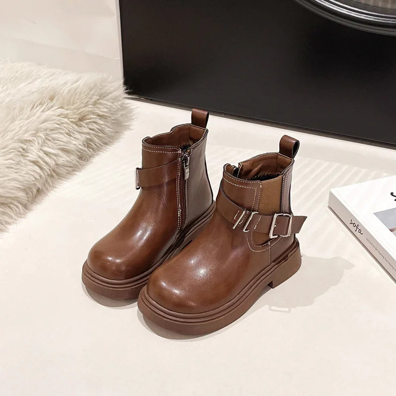 Bottes Courtes Fille – Bottines Basses en Cuir et Coton, Style Britannique Tendance, Chaudes et Confortables Automne Hiver