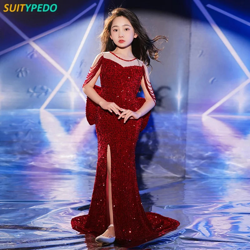 Robe bal sirène luxe paillettes rouges adolescentes noeud gaine perles fête