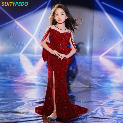 Robe bal sirène luxe paillettes rouges adolescentes noeud gaine perles fête