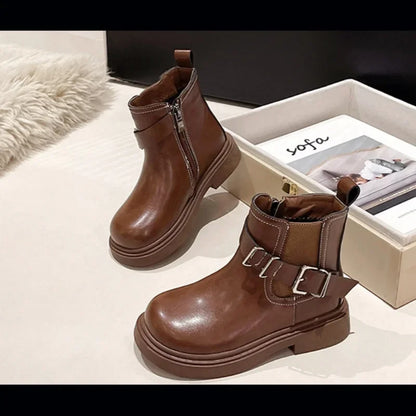 Bottes Courtes Fille – Bottines Basses en Cuir et Coton, Style Britannique Tendance, Chaudes et Confortables Automne Hiver