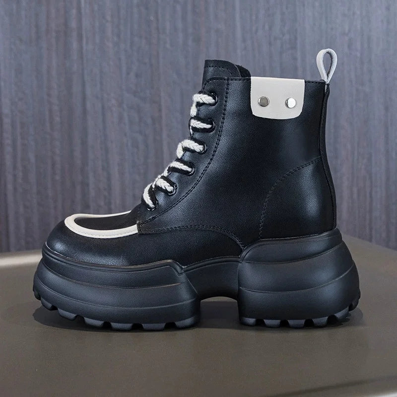 WOIZGIC bottines femmes en cuir véritable, style britannique à lacets, fourrure chaude automne/hiver, chaussures montantes confortables