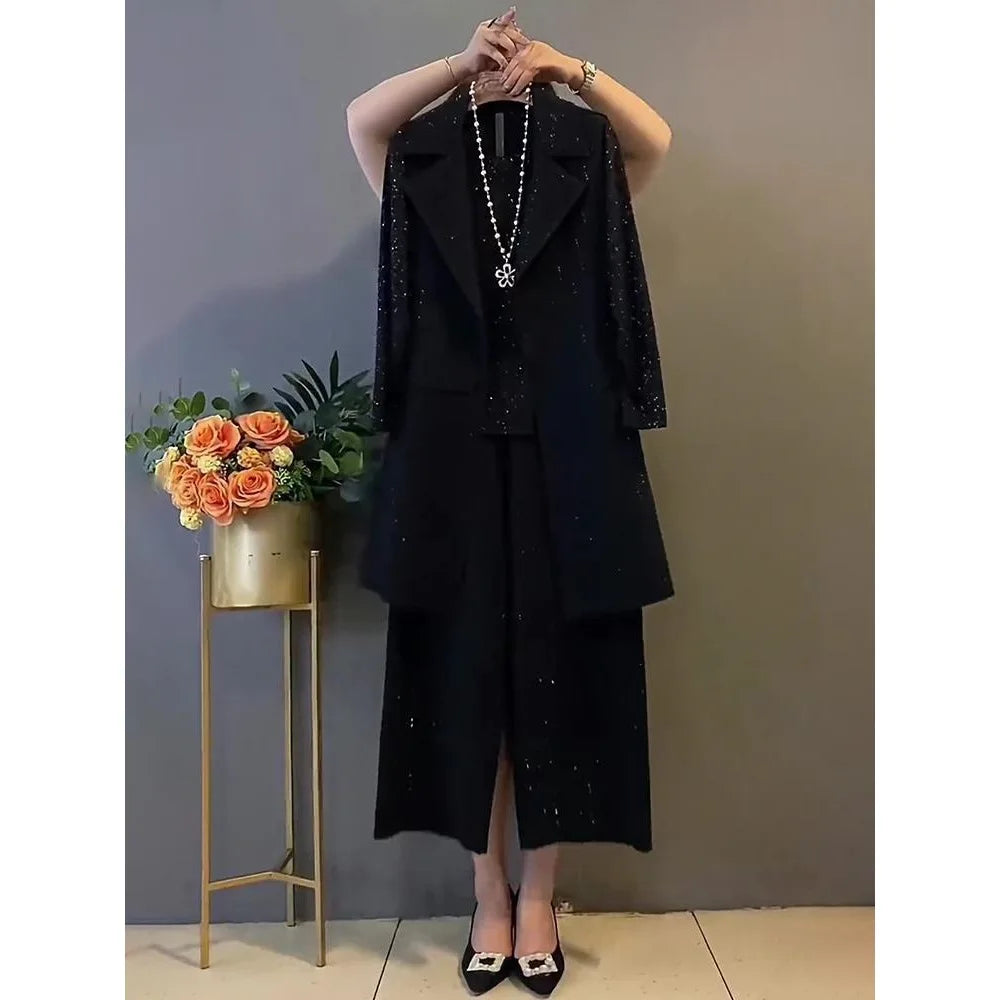 Ensemble Femme Grande Taille 3 Pièces – Veste, Chemise et Pantalon Long Noir avec Strass
