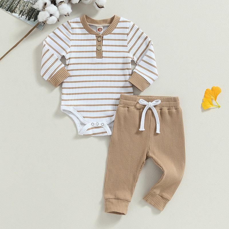 Ensemble bébé garçon automne – barboteuse rayée manches longues + pantalon