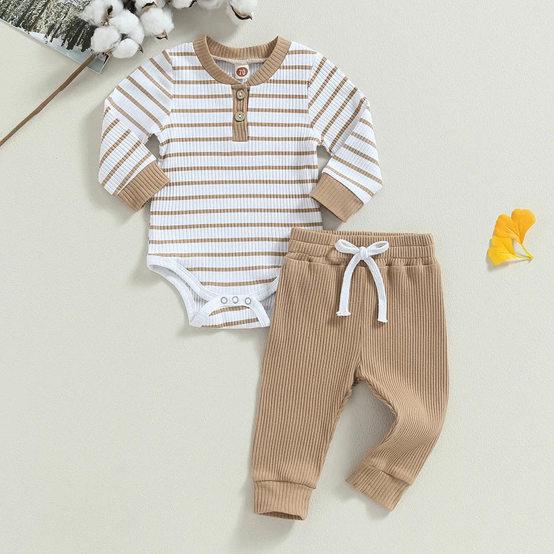 Ensemble bébé garçon automne – barboteuse rayée manches longues + pantalon