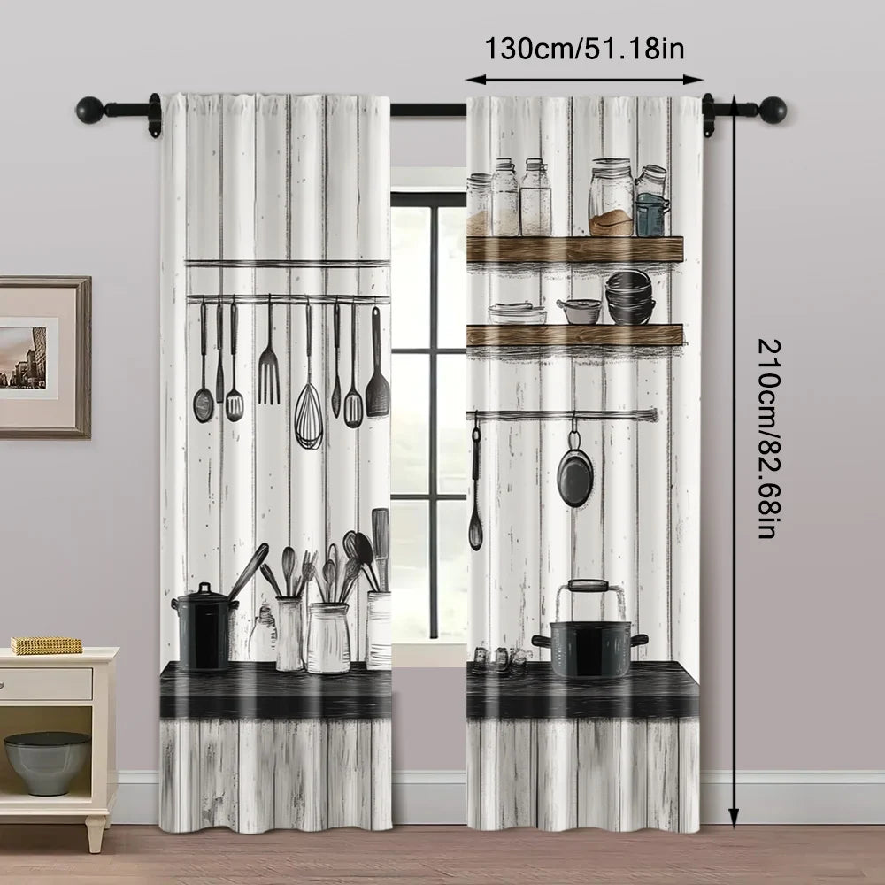 2 pièces rideaux cuisine, tissu imprimé 2D lavable en machine, sans tige, déco maison