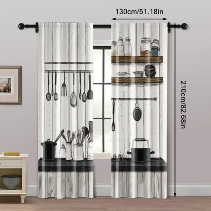 2 pièces rideaux cuisine, tissu imprimé 2D lavable en machine, sans tige, déco maison