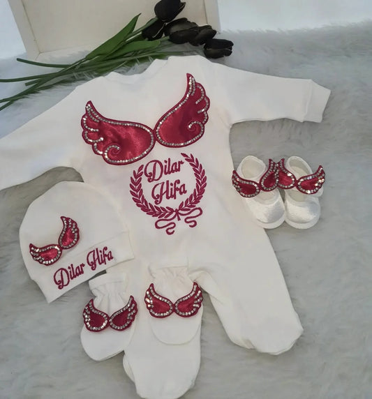 Barboteuse Bébé Jetable avec Nom, Ailes d'Ange, Sortie de Maternité .