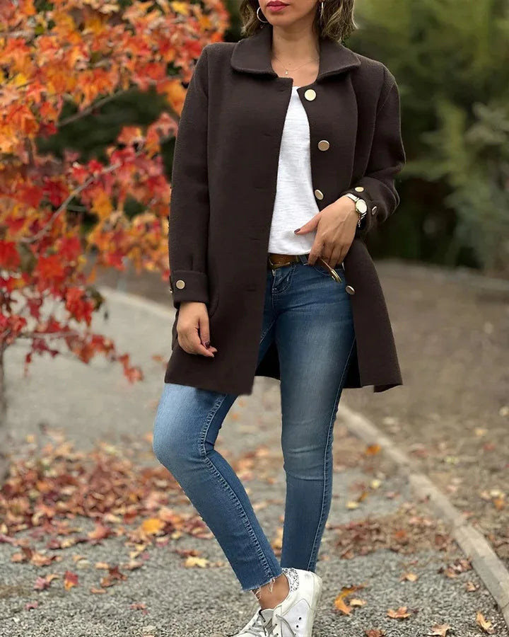 Veste Femme Automne-Hiver – Pardessus Décontracté à Revers, Couleur Unie avec Poches Chic