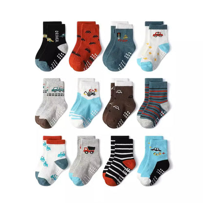 Chaussettes coton enfant/bébé – antidérapantes, respirantes, dessins animés (lot 1‑12 paires)