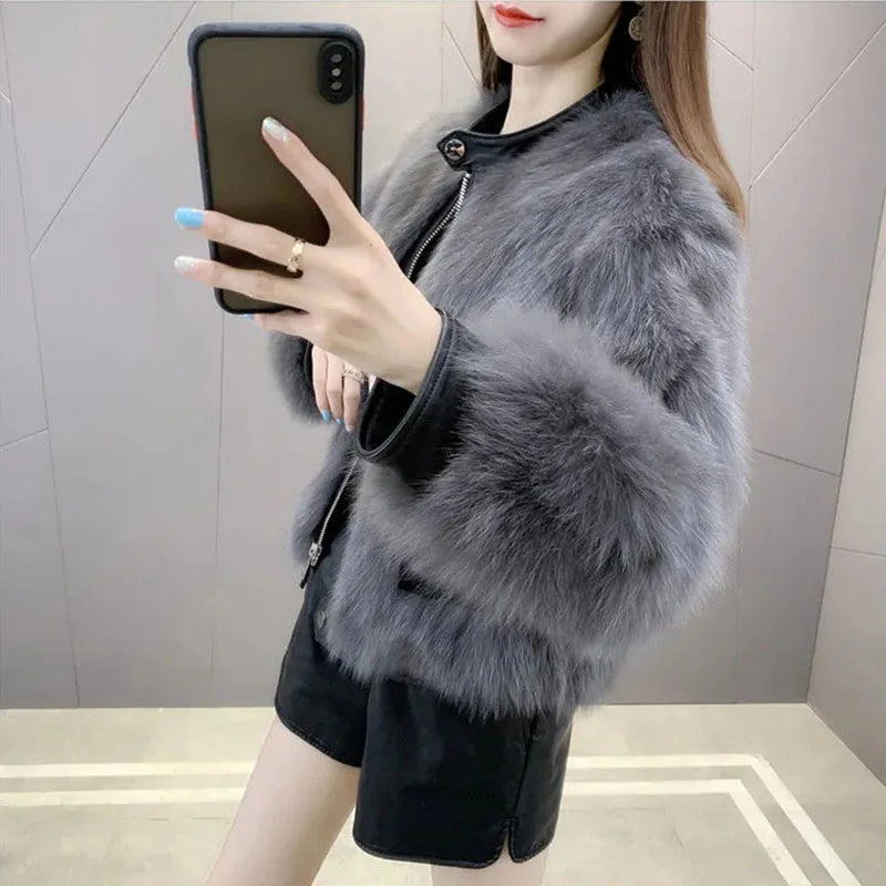 Manteau Court Femme – Fausse Fourrure Épissage Cuir