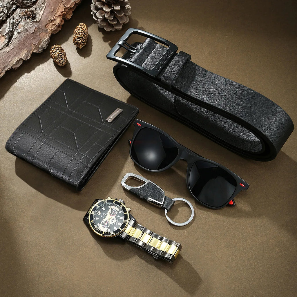 Coffret homme élégant – Montre, accessoires : portefeuille, ceinture, lunettes, porte-clés, tondeuse, cadeau luxe