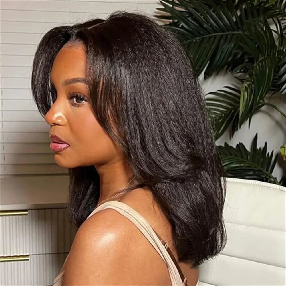 Perruque courte Bob femme – Synthétique Yaki, Lace Front, pré-épilée, droit, doux, baby hair, sans colle, 18"