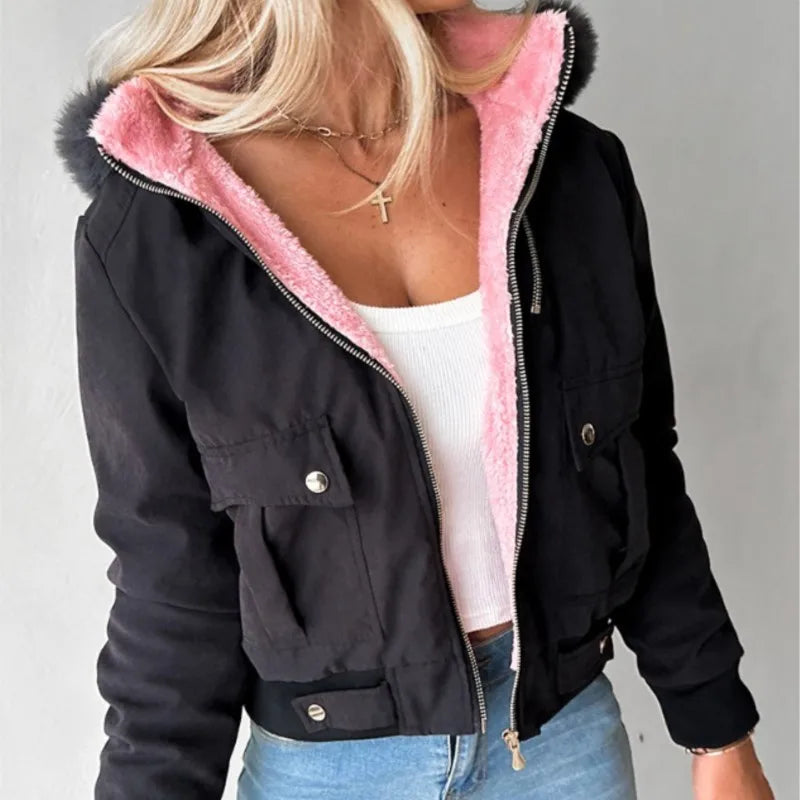 Sweat à Capuche Femme Hiver Vintage avec Col en Fourrure – Style Streetwear décontracté