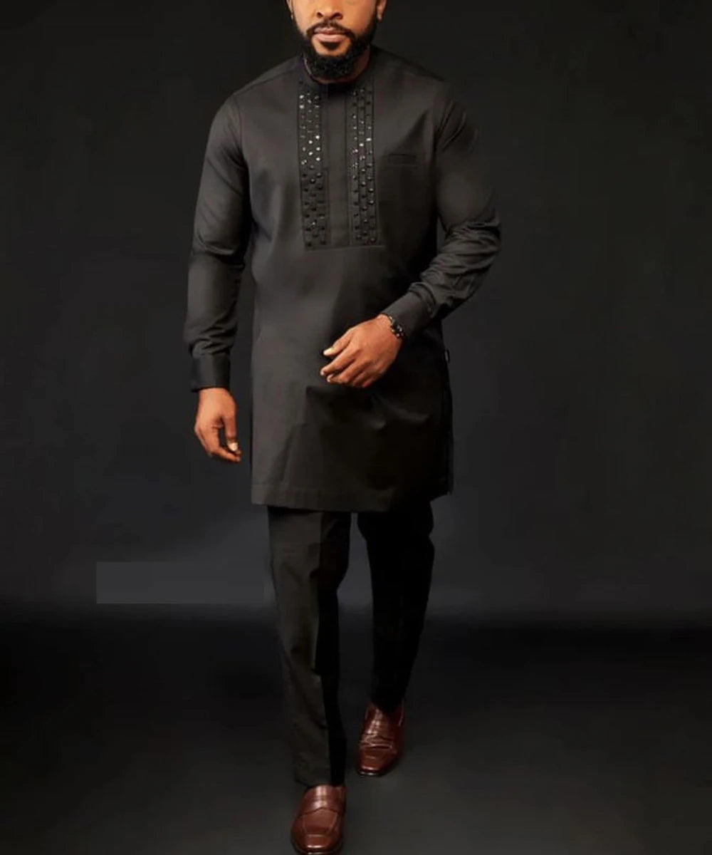 Ensemble africain homme de 2 pièces, chemise manches longues, pantalon, été .