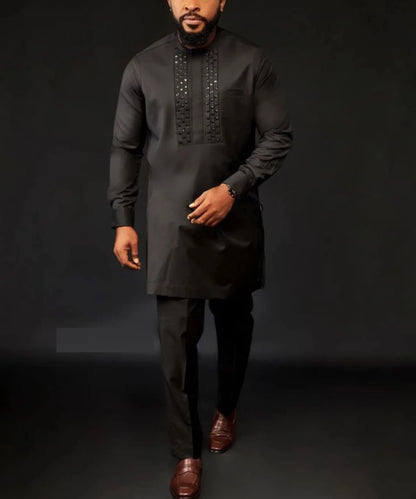 Ensemble africain homme de 2 pièces, chemise manches longues, pantalon, été .