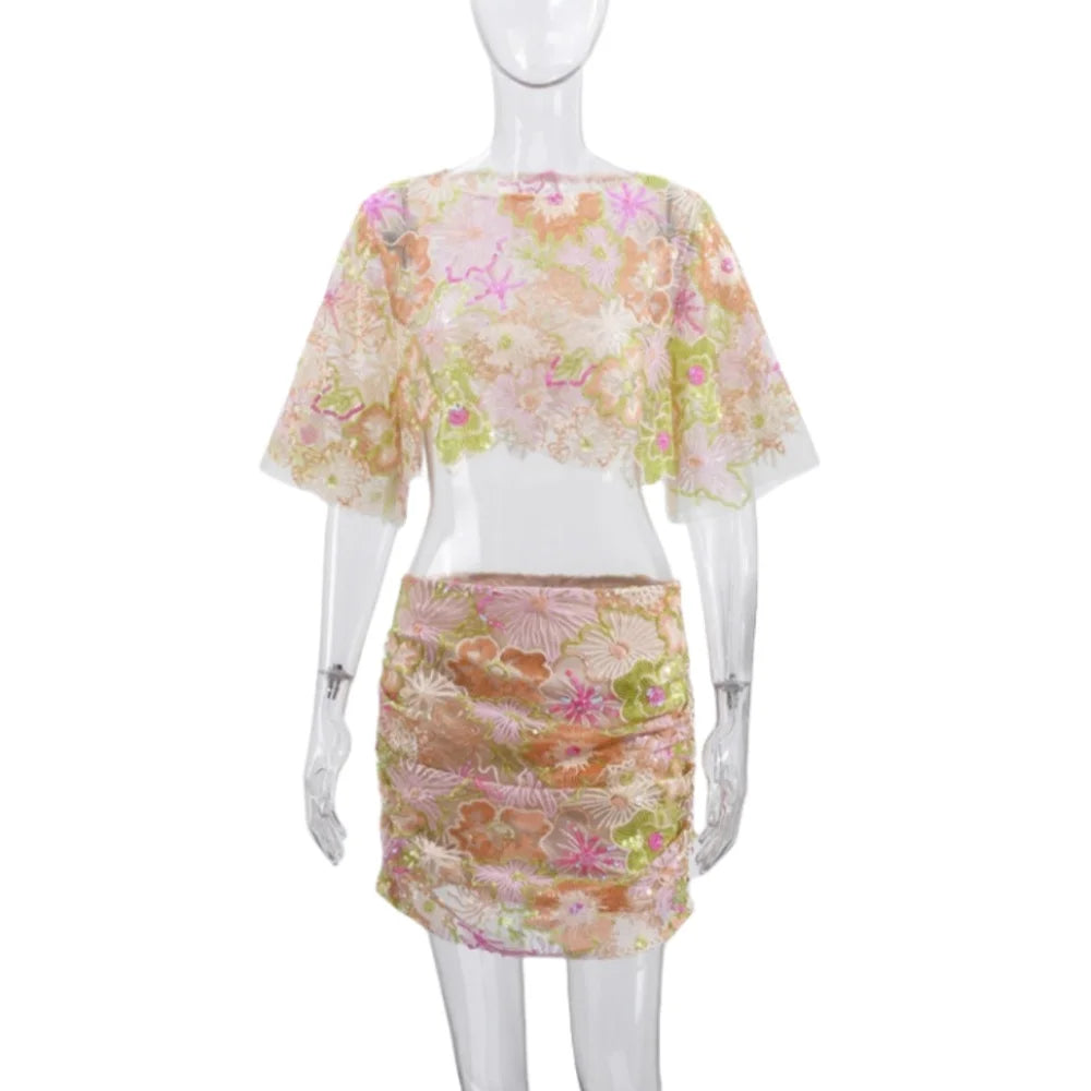 FLARORA Ensemble Femme Luxe 2 Pièces, Broderie & Paillettes, Haut Court & Jupe,