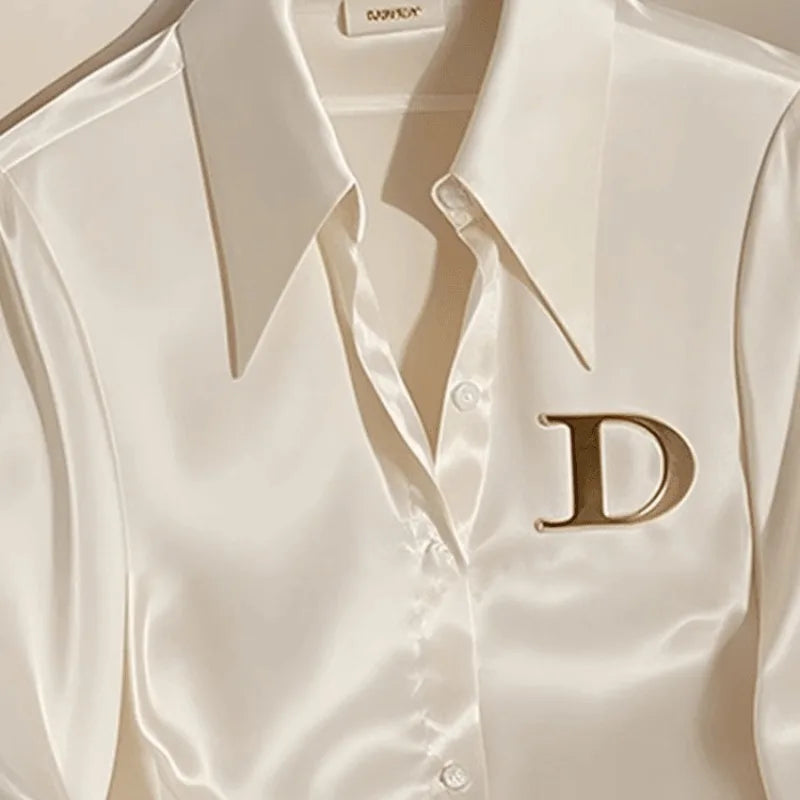 Chemise française élégante en Satin blanc pour femmes, col rabattu, chemisier à manches longues, Simple, bureau .