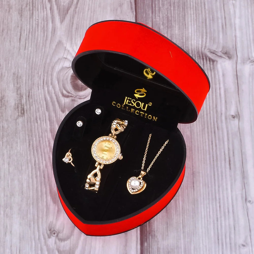 Bijoux femme coffret – Montre quartz + bracelet, collier, bague, boucles d’oreilles, or et argent