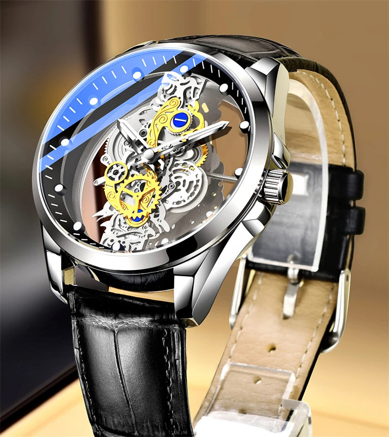 Montre homme quartz squelette doré rétro luxe .