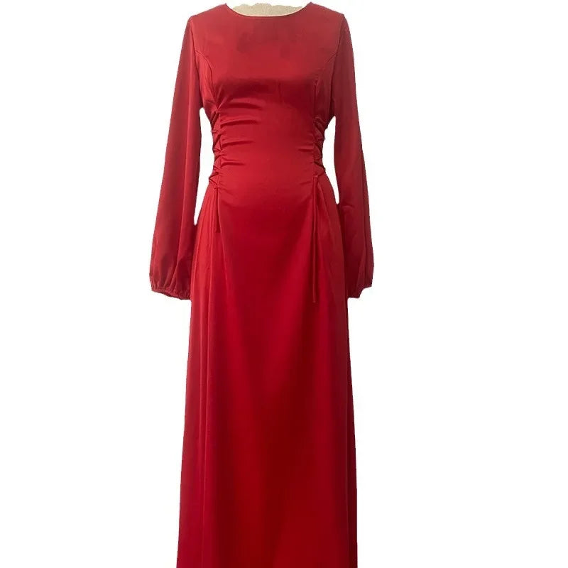 Abaya chic femme – Robe slim à lacets et col rond, style musulman, soirée