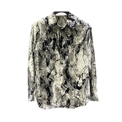 Chemise homme vintage col rabattu imprimé ample – Hauts printemps mode décontracté boutons manches longues