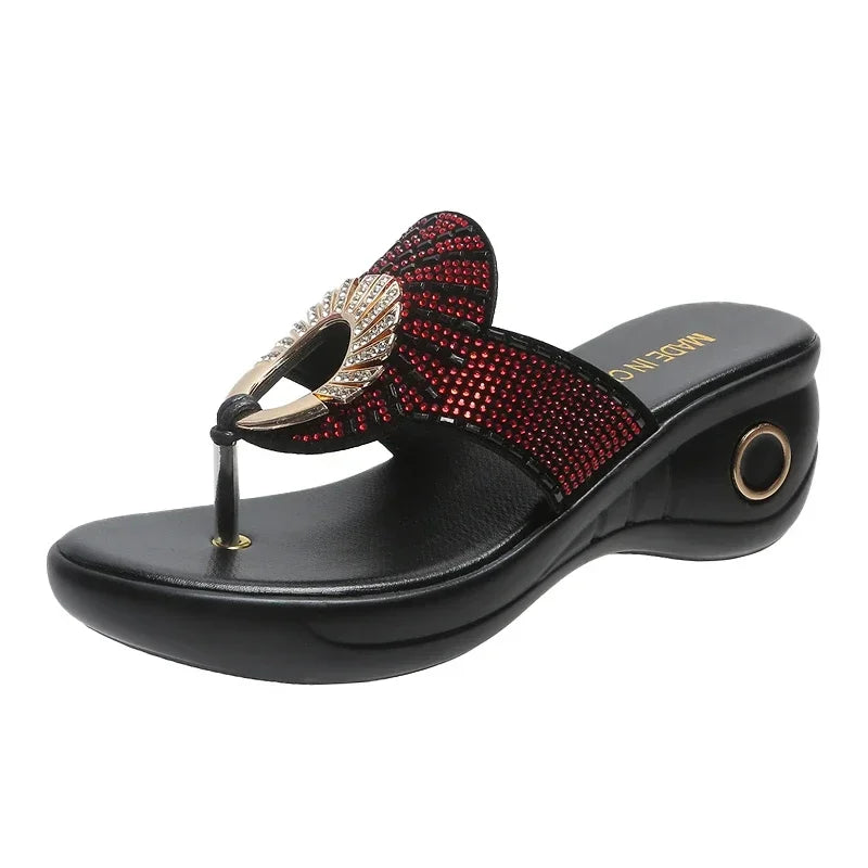 Chaussures d’été rétro pour dames – Plateau compensé et strass