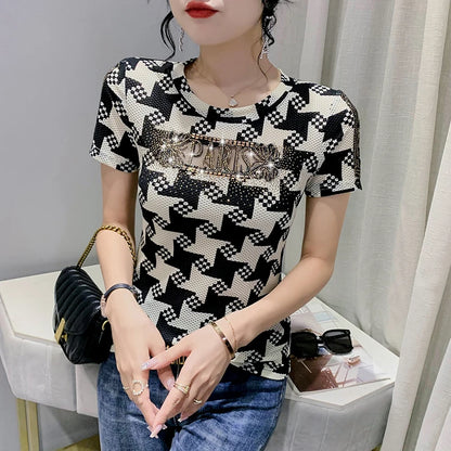 T-shirt Femme Manches Courtes Transparent – Slim décontracté, Impression Diamants, Design BrCorporelle , Multi Distribution, Style Tendance