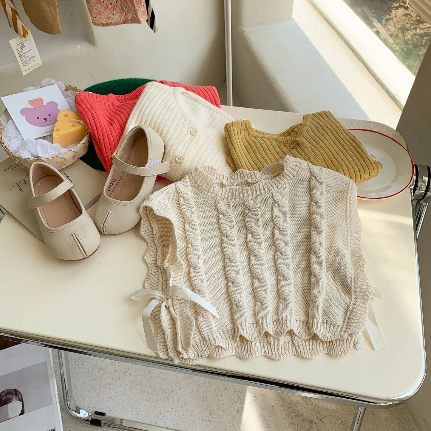 Gilet tricoté fille – sans manches, mode printemps/automne, 1‑7 ans