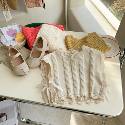 Gilet tricoté fille – sans manches, mode printemps/automne, 1‑7 ans