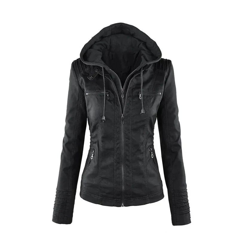 Veste Gothique en Simili Cuir PU pour Femme – Manteau à Capuche Noir, Veste Moto Chaude pour Automne et Hiver, Vêtements d'Extérieur Stylés
