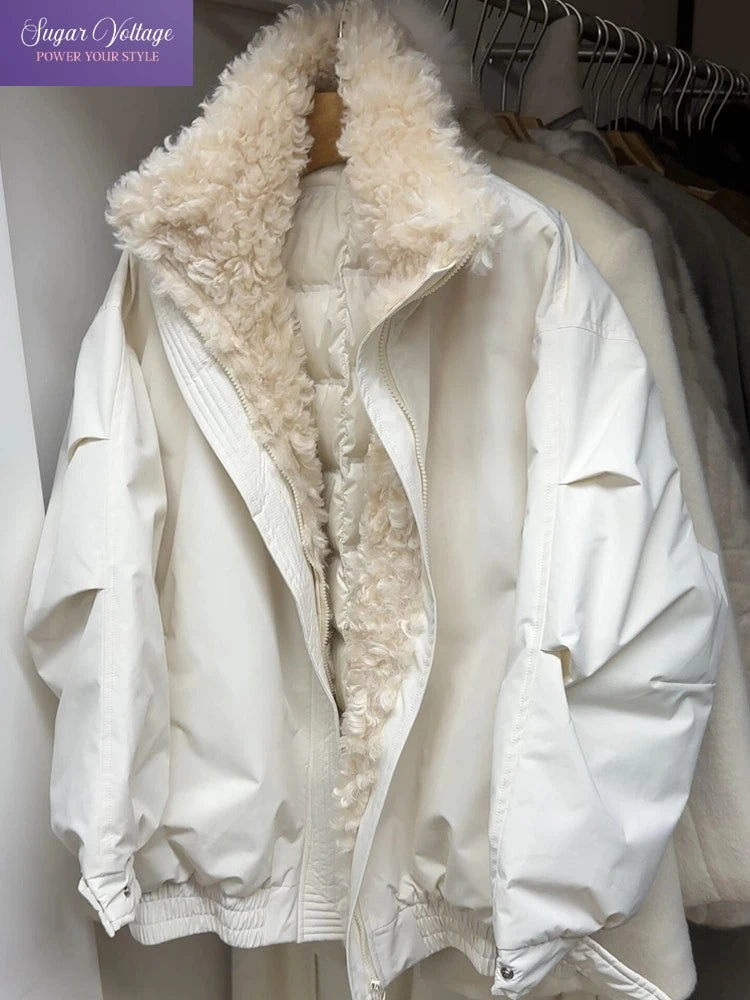 Veste Femme Hiver – Blanc Vintage Col Fourrure Chic