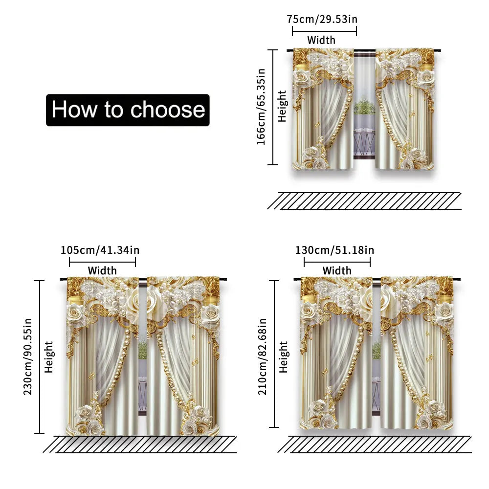 Rideaux chic doré et blanc – 2 pièces, fleurs élégantes, salon, chambre, cuisine et salle de bain