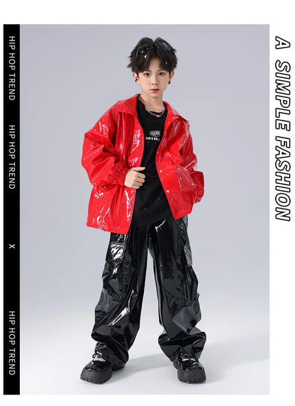 Costume Danse Jazz Garçon Filles, Pantalon Cuir Brillant Rouge, Streetwear Hip Hop Scène .