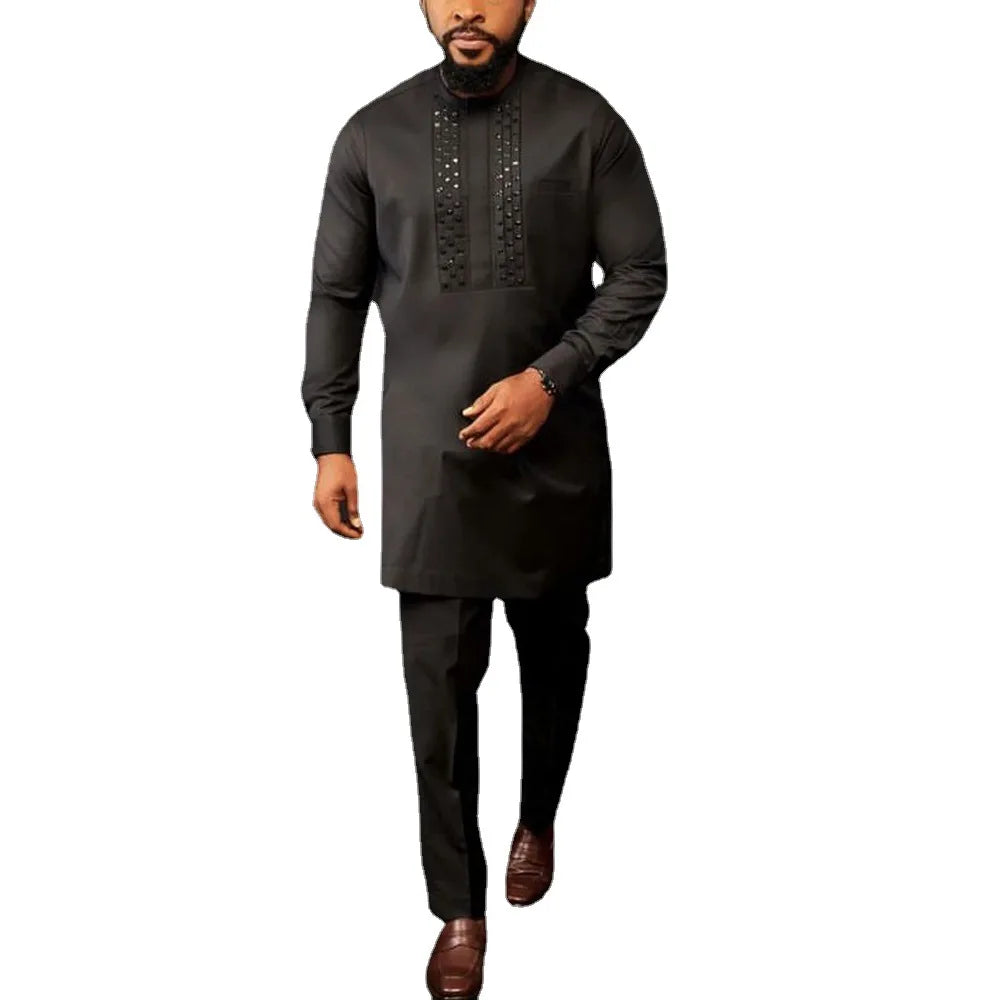 Ensemble africain homme de 2 pièces, chemise manches longues, pantalon, été .