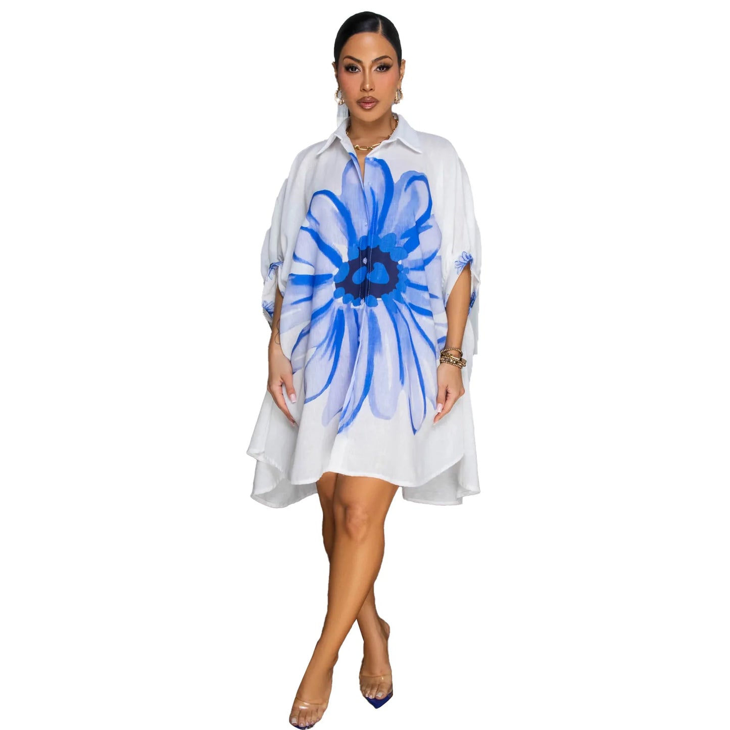 Robe Élégante Femme – Chemise d’Été Imprimée à Revers, Dos Court & Coupe Décontractée Chic