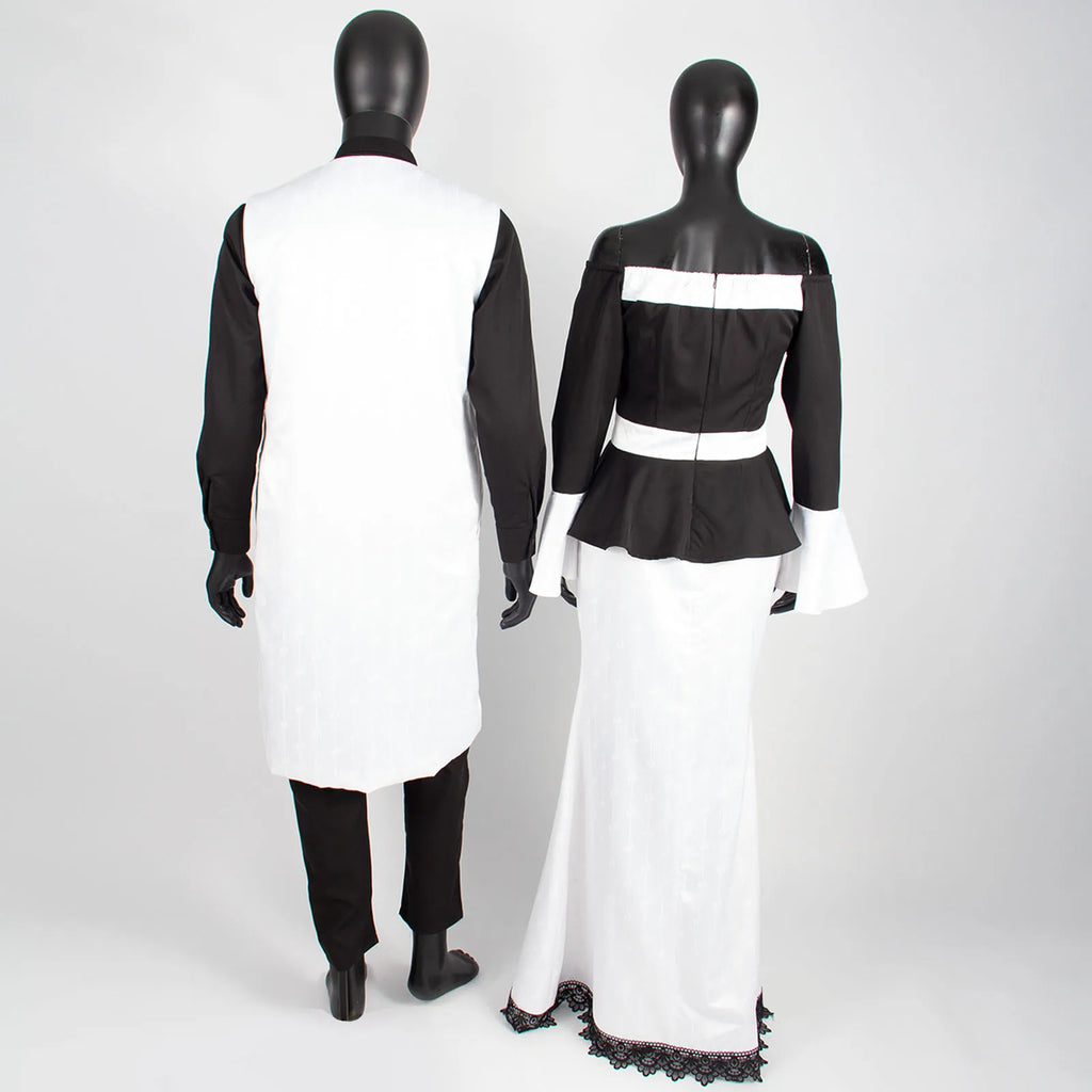 Vêtements couple africain – Robe femme maxi et jupe sirène, haut homme assorti, tenue mariage ET fête , 3 pièces