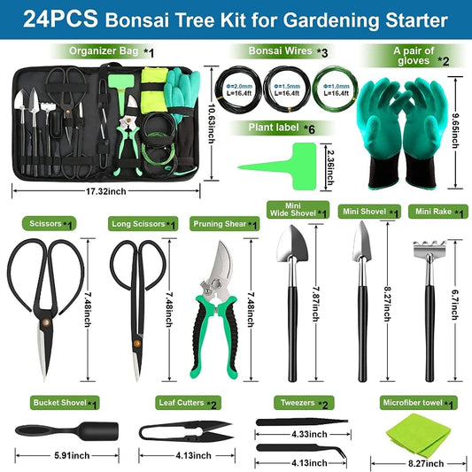 Kit d'Outils pour Bonsaï 24 Pièces pour Débutants – Ensemble Complet de Soins avec Sécateurs, Ciseaux et Sac de Rangement, Cadeau Idéal pour Femmes et Hommes