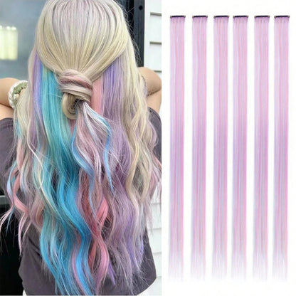 Extensions capillaires synthétiques à reflets colorés pour filles, postiches lisses multicolores de 22 pouces, 6 pièces/paquet