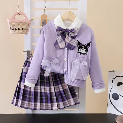 Ensemble cosplay Sanrio Kuromi My Melody 2024, jupe plissée JK, cardigan tricoté style collégial, costume trois pièces pour enfants