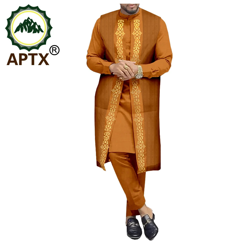 APTX Ensemble africain homme 3 pièces – Chemise et pantalon jacquard, tenue traditionnelle mariage et fête