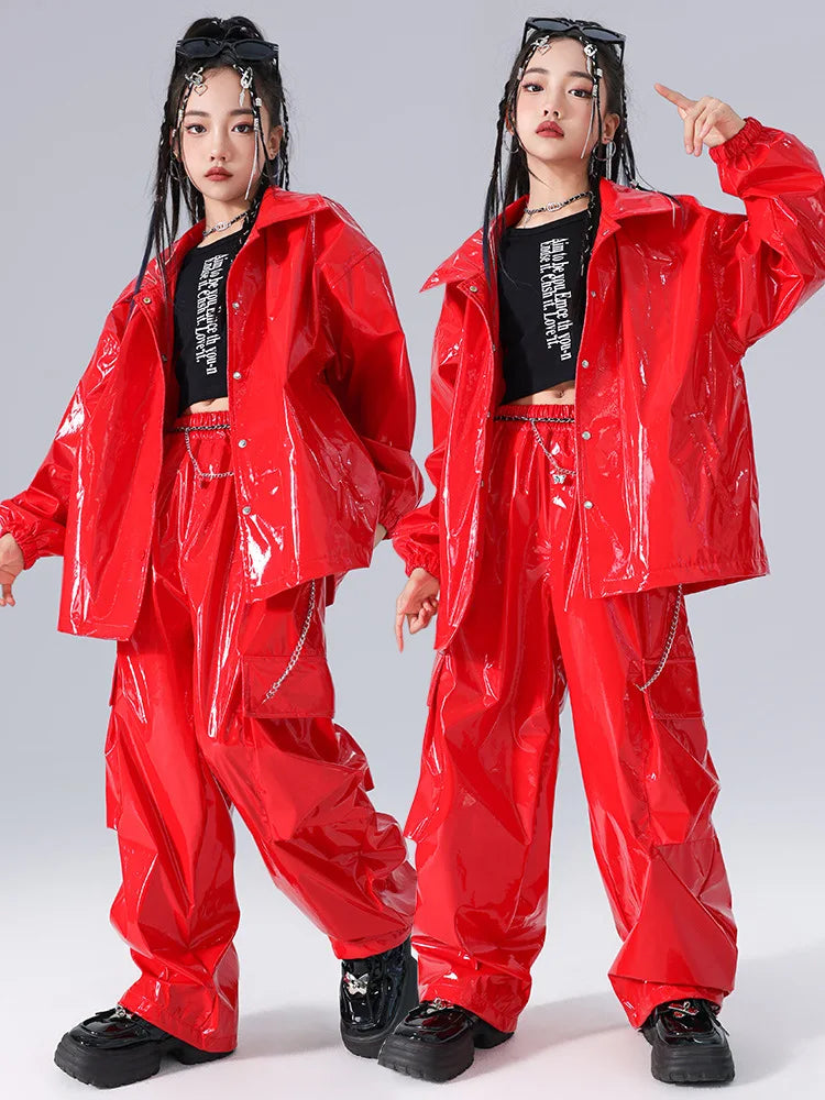 Costume Danse Jazz Garçon Filles, Pantalon Cuir Brillant Rouge, Streetwear Hip Hop Scène .