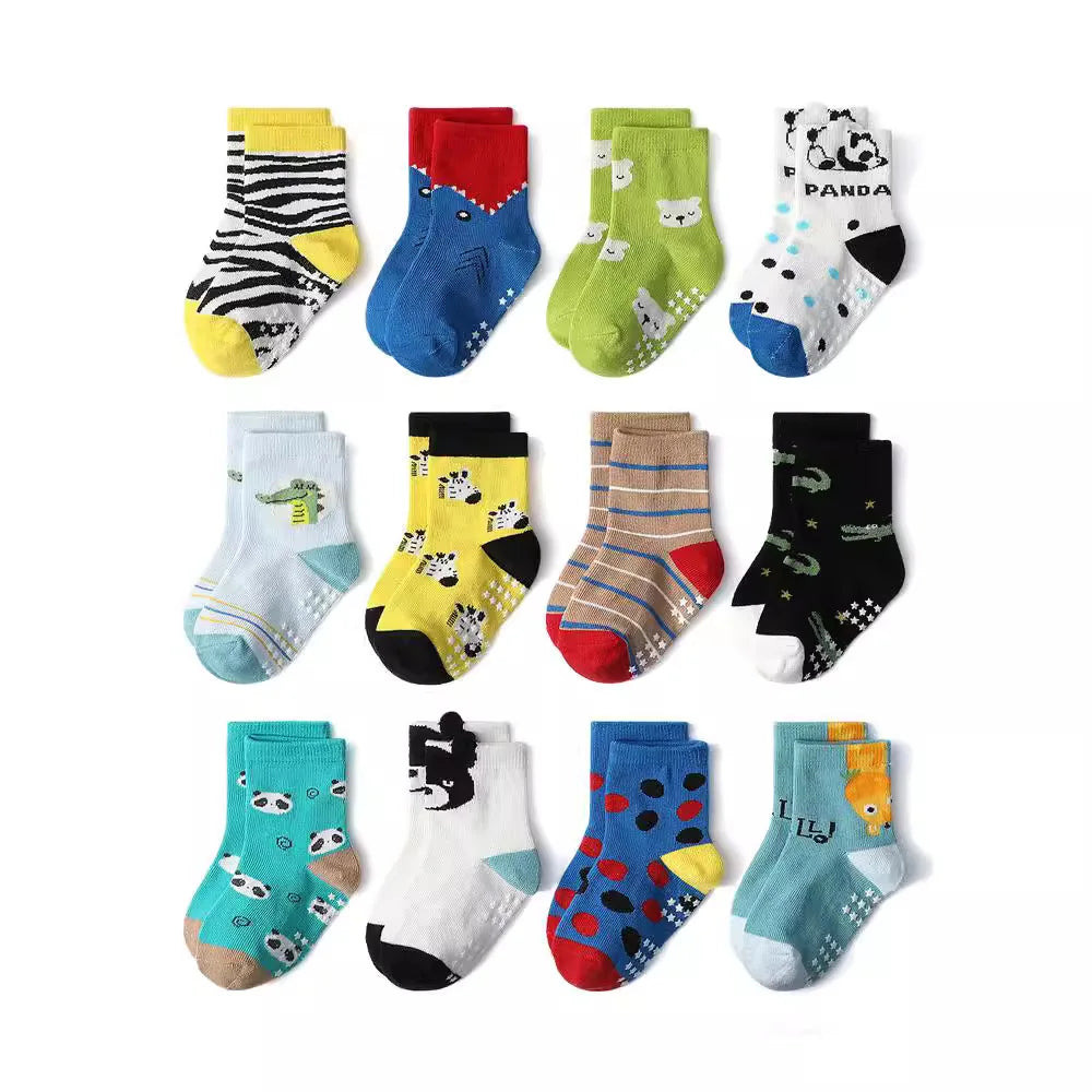 Chaussettes coton enfant/bébé – antidérapantes, respirantes, dessins animés (lot 1‑12 paires)