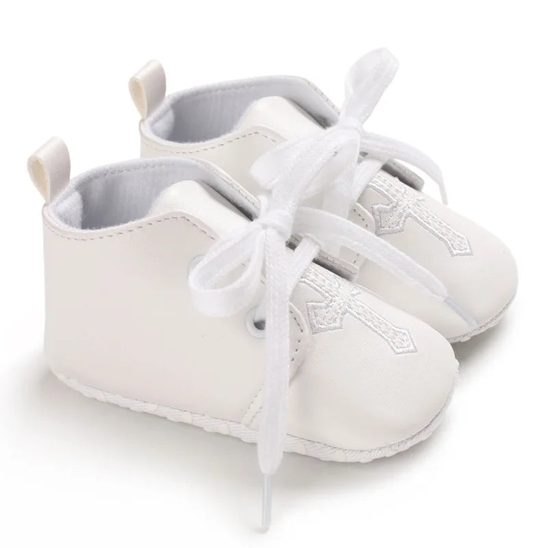 Chaussures bébé baptême – Blancs, semelle croisée, premiers pas, garçon et fille