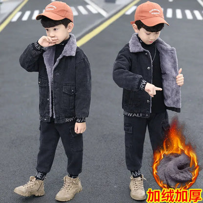 Vêtements enfants ado – Ensemble manteau fourré + jean, école, saison froide