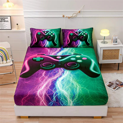 Ensemble 2 pièces imprimé 3D : 1 drap-housse + taie d'oreiller. –manette de jeu, déco chambre