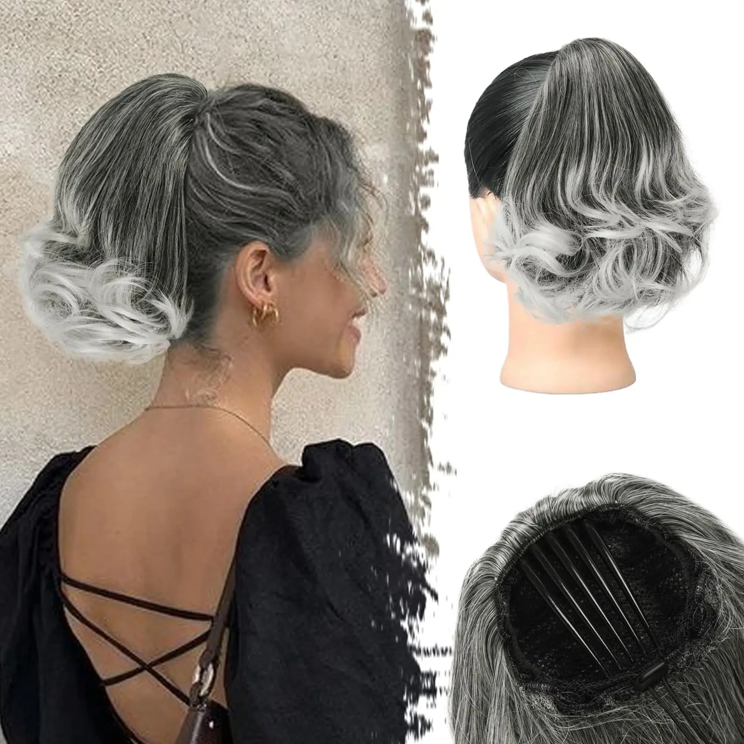 Queue de cheval synthétique OLA bouclée courte à pince noire .