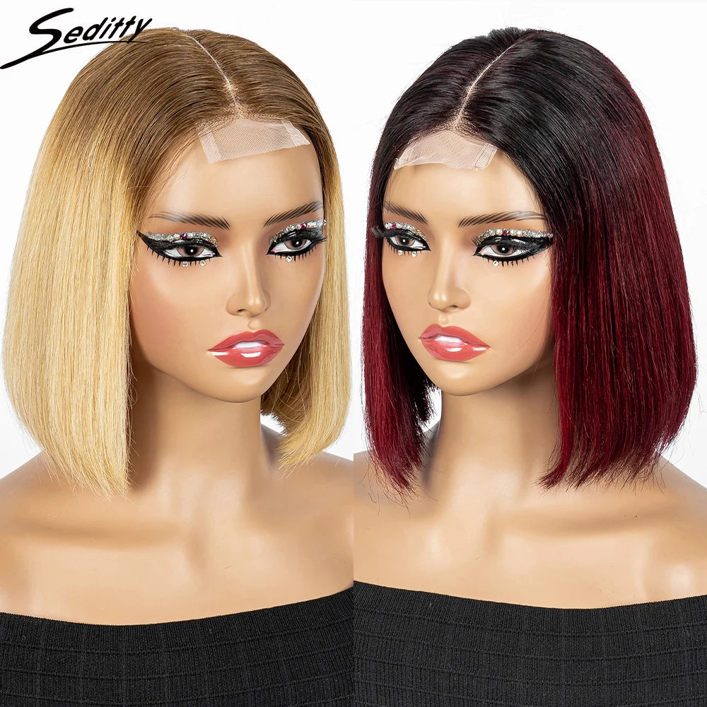 Perruque Bob courte droite colorée – cheveux humains 100%, dentelle 2x6 transparente, densité 250%