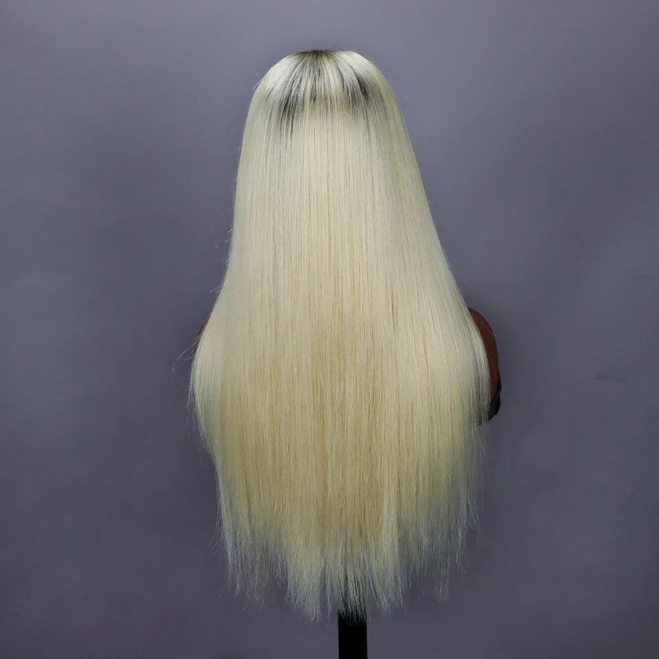 Perruque lace frontal 13x6 ombré blonde 613 racine brune – cheveux humains droits, pré‑plumée