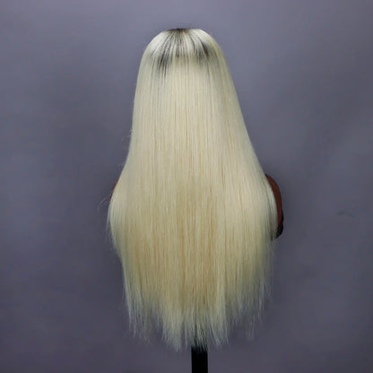 Perruque lace frontal 13x6 ombré blonde 613 racine brune – cheveux humains droits, pré‑plumée